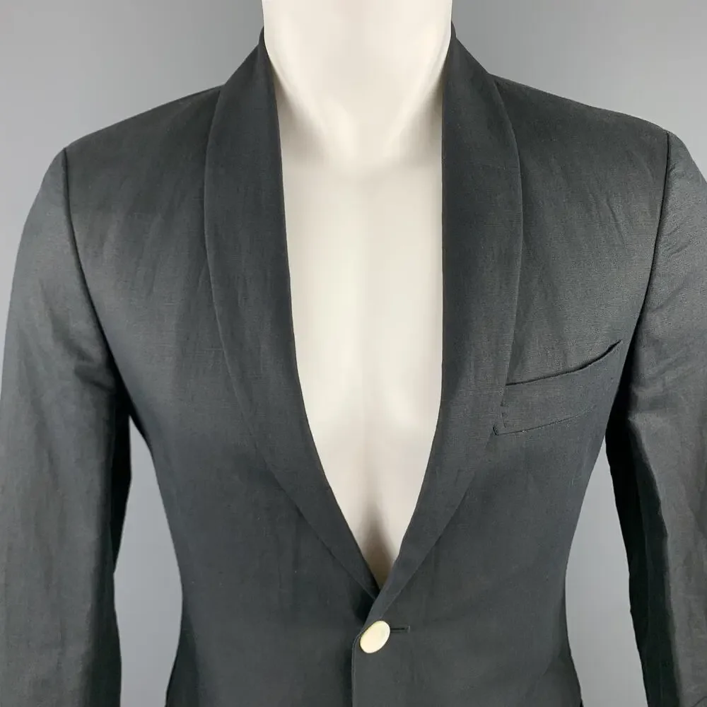 MICHAEL BASTIAN Size 36 Navy Linen / Cotton Shawl Collar Sport Coat
